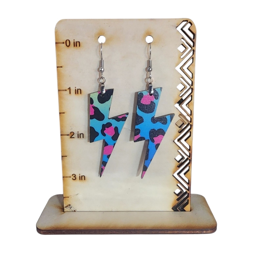 Neon Leopard Lightning Bolt Acrylic Drop Earrings - Light Blue/Pink Leopard